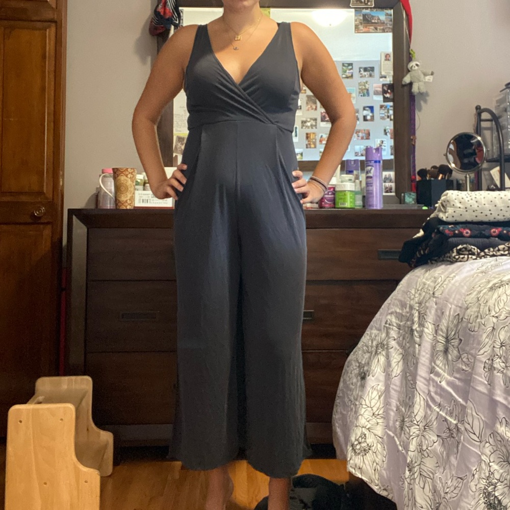 Bershka V-Neck Wide Leg Jumpsuit in Charcoal